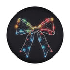 Christmas Lights Bow tire cover white background art of glowing rainbow string light ribbon bow shape