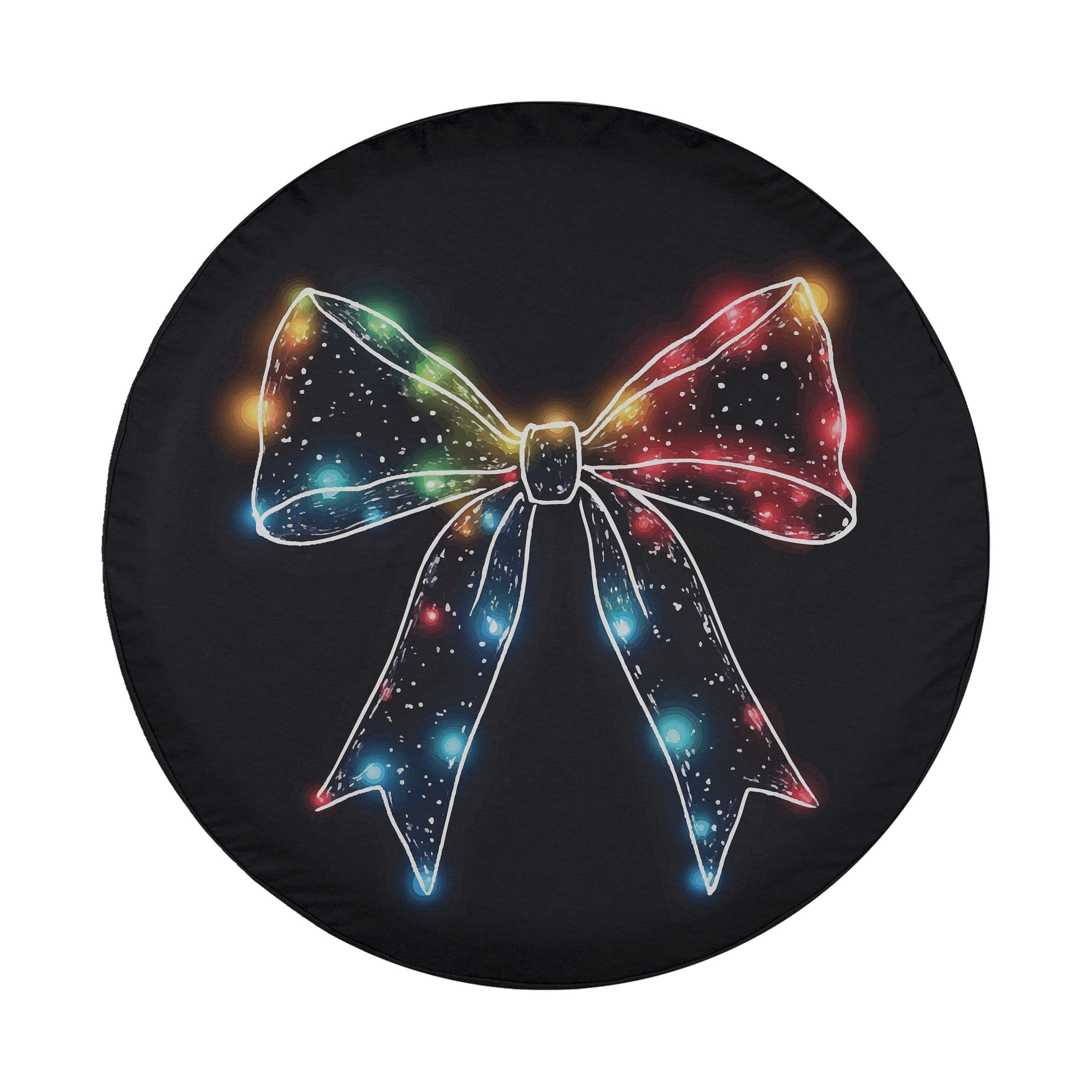 Christmas Lights Bow tire cover white background art of glowing rainbow string light ribbon bow shape
