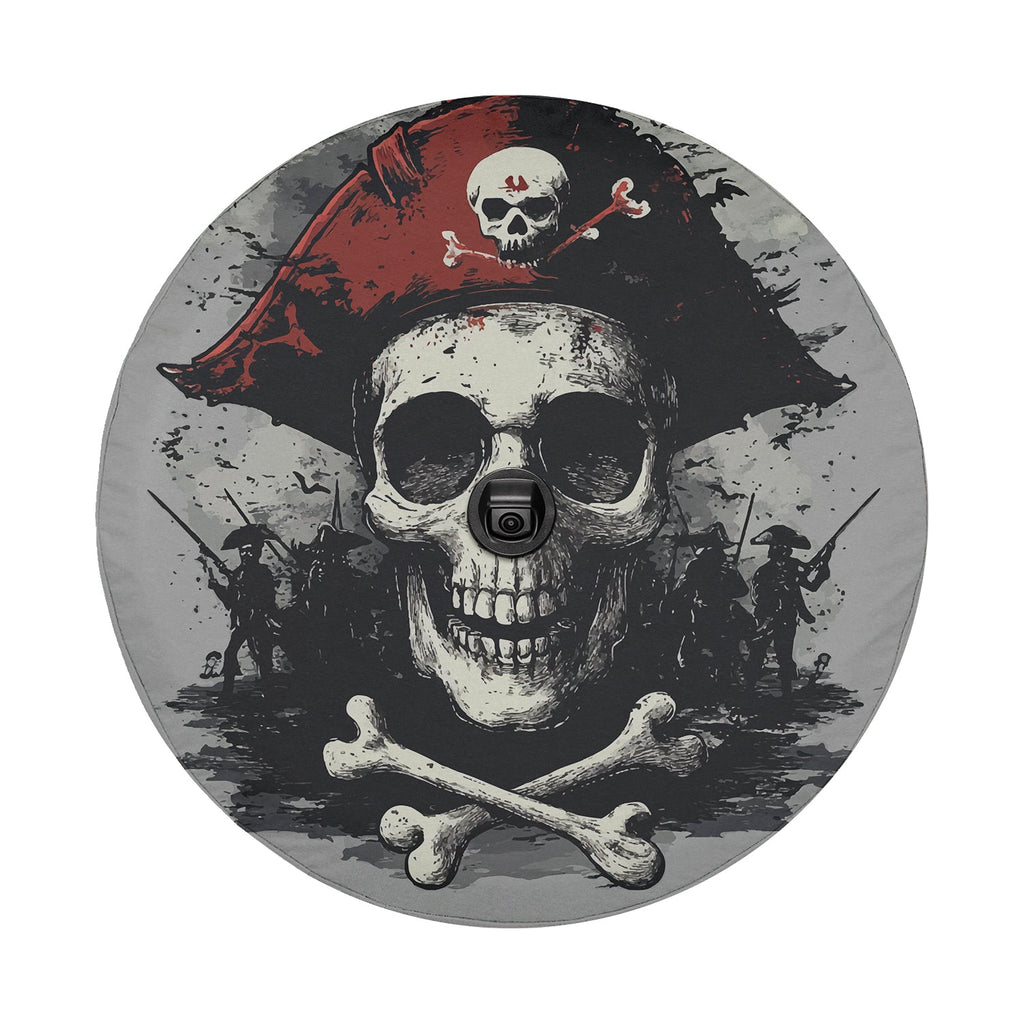 Pirate skull tricorn hat tire cover standalone flat round product render with center backup camera hole