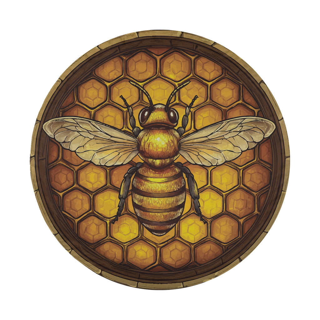 Honeycomb bee spare tire cover flat artwork showing detailed amber hexagon honeycomb backdrop with central bee