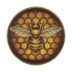 Honeycomb bee spare tire cover flat artwork showing detailed amber hexagon honeycomb backdrop with central bee