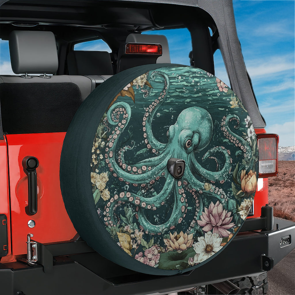 Enchanted octopus floral underwater scene spare tire cover on red Jeep Wrangler rear