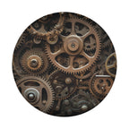 Flat circular spare tire cover featuring bronze steampunk gears and clockwork sprockets on white