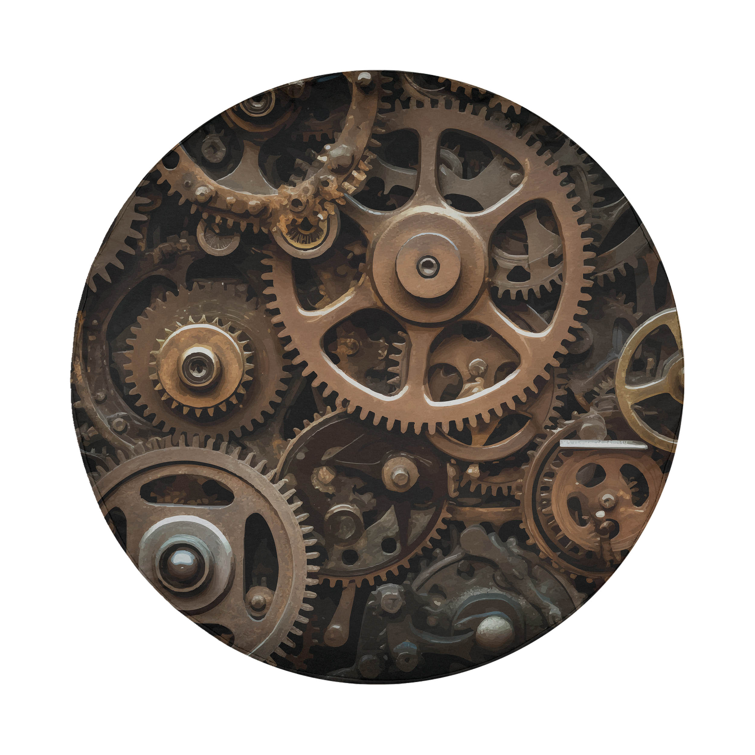 Flat circular spare tire cover featuring bronze steampunk gears and clockwork sprockets on white