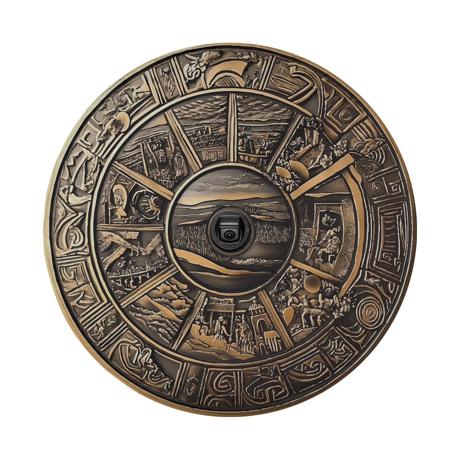 Shield of Achilles tire cover flat art with backup camera hole, bronze mythic relief panels and horizon center