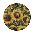 Flat round sunflower bumblebee spare tire cover closeup showing bees pollinating bright yellow blooms