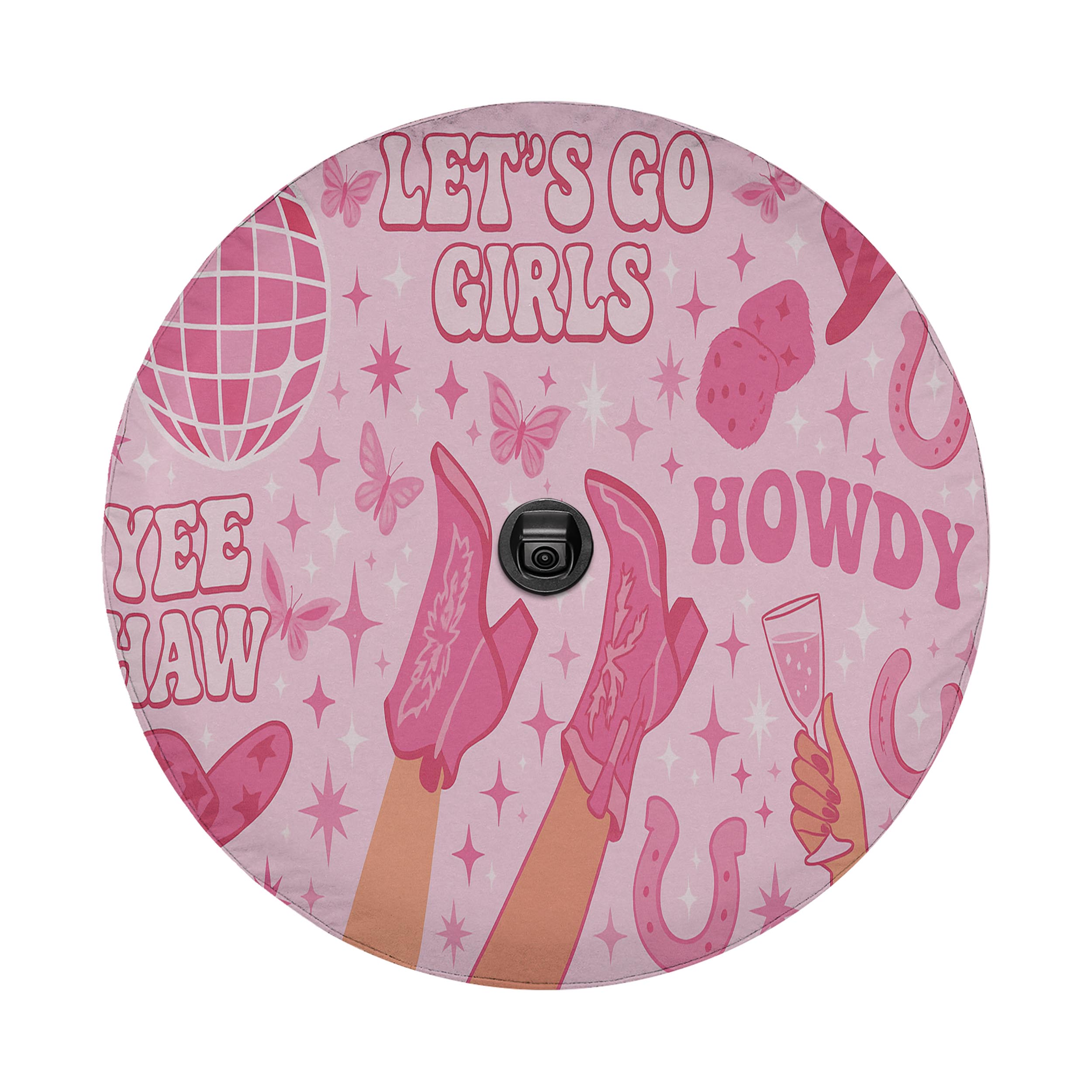 a vibrant, pink-themed design with various elements such as a globe, butterflies, and a cowboy hat. The text "LET'S GO GIRLS" is prominently displayed, along with the words "YEEhaw" and "HOWDY". The overall design has a playful and whimsical feel, with the pink color and the inclusion of the cowboy hat and other elements creating a visually appealing and eye-catching composition.