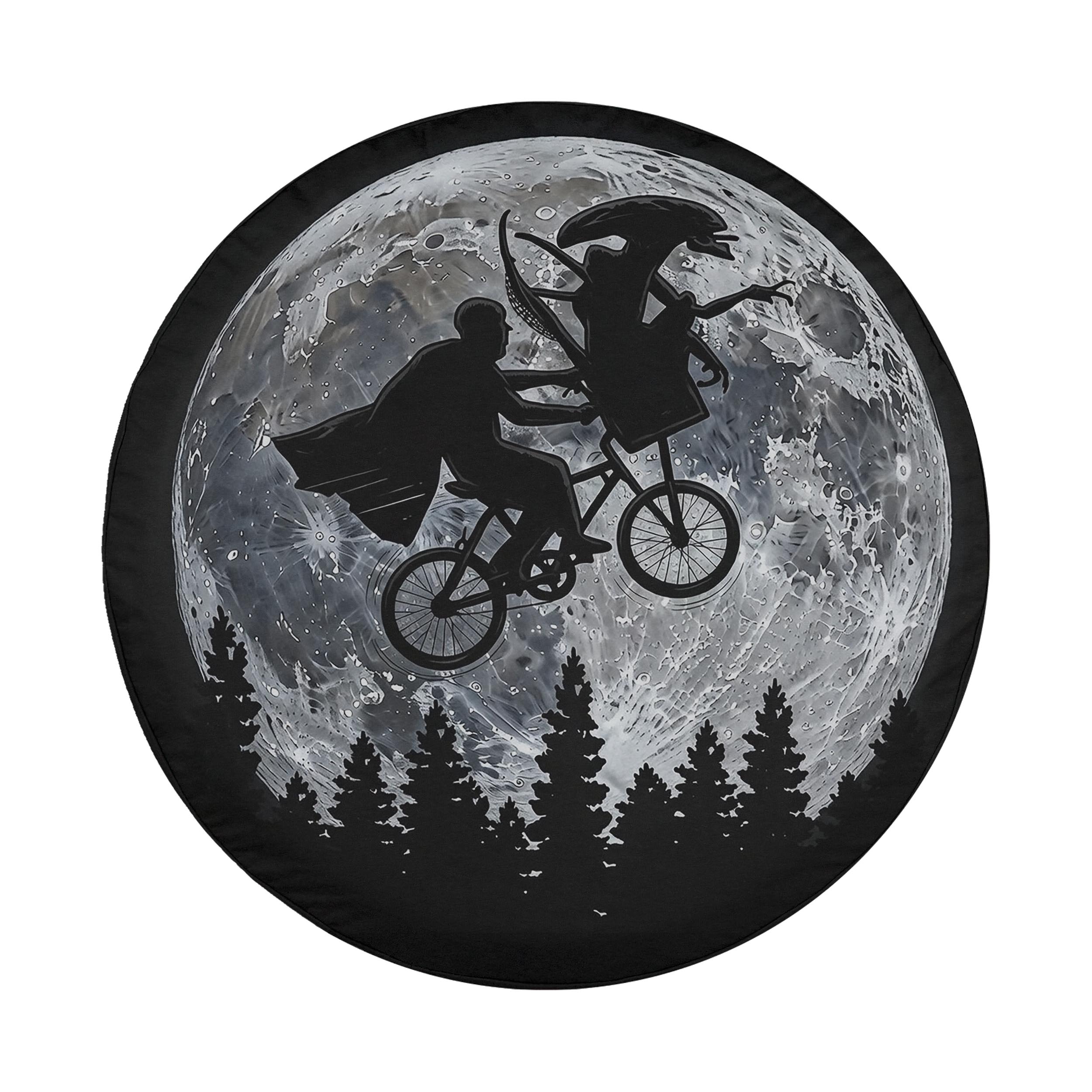 A silhouetted image of a man riding a bicycle against the backdrop of a full moon, with a woman riding a bicycle in the background.