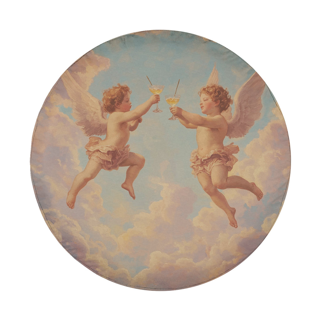 Angels' Toast spare tire cover flat product view showing cherubs toasting in pastel cloudscape