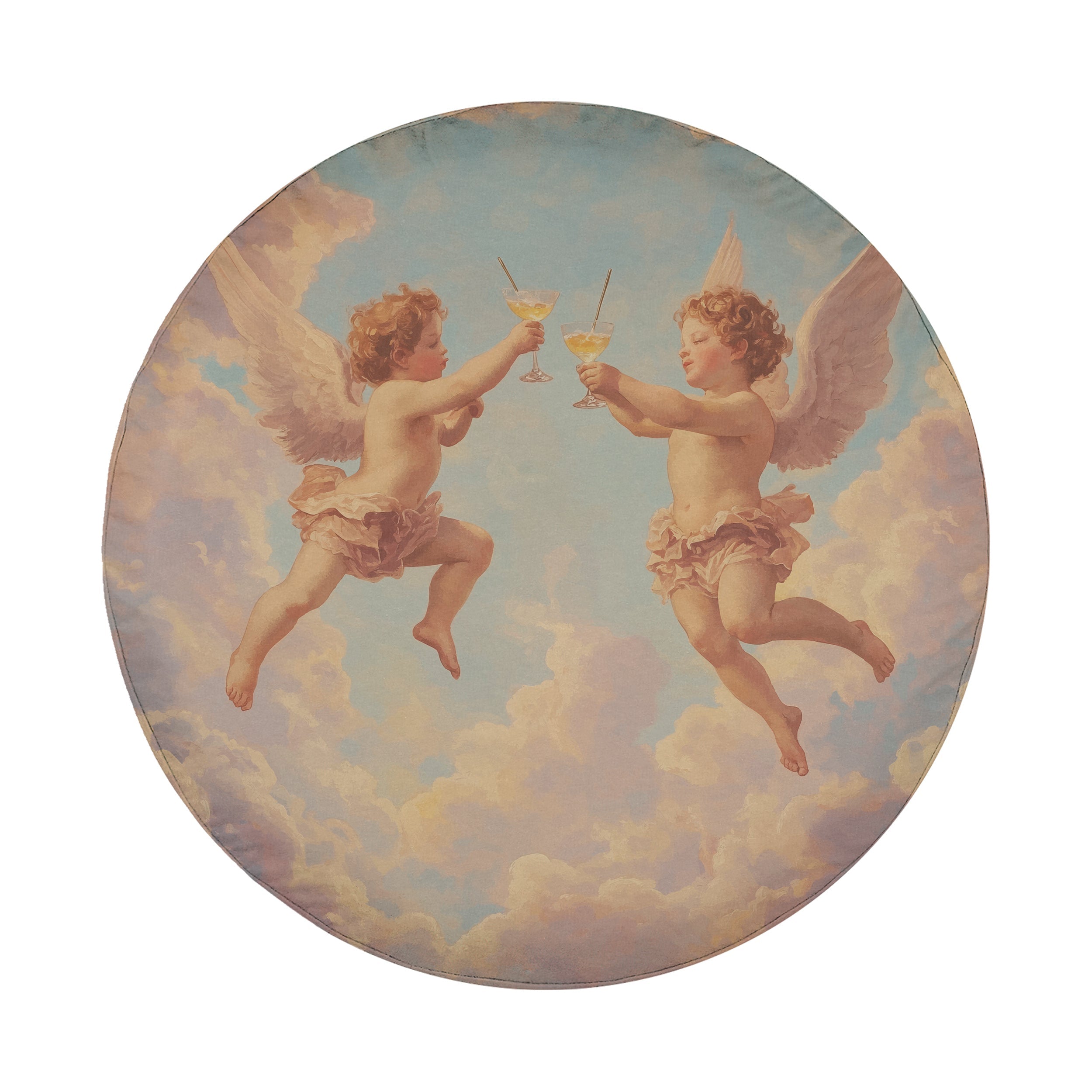 Angels' Toast spare tire cover flat product view showing cherubs toasting in pastel cloudscape