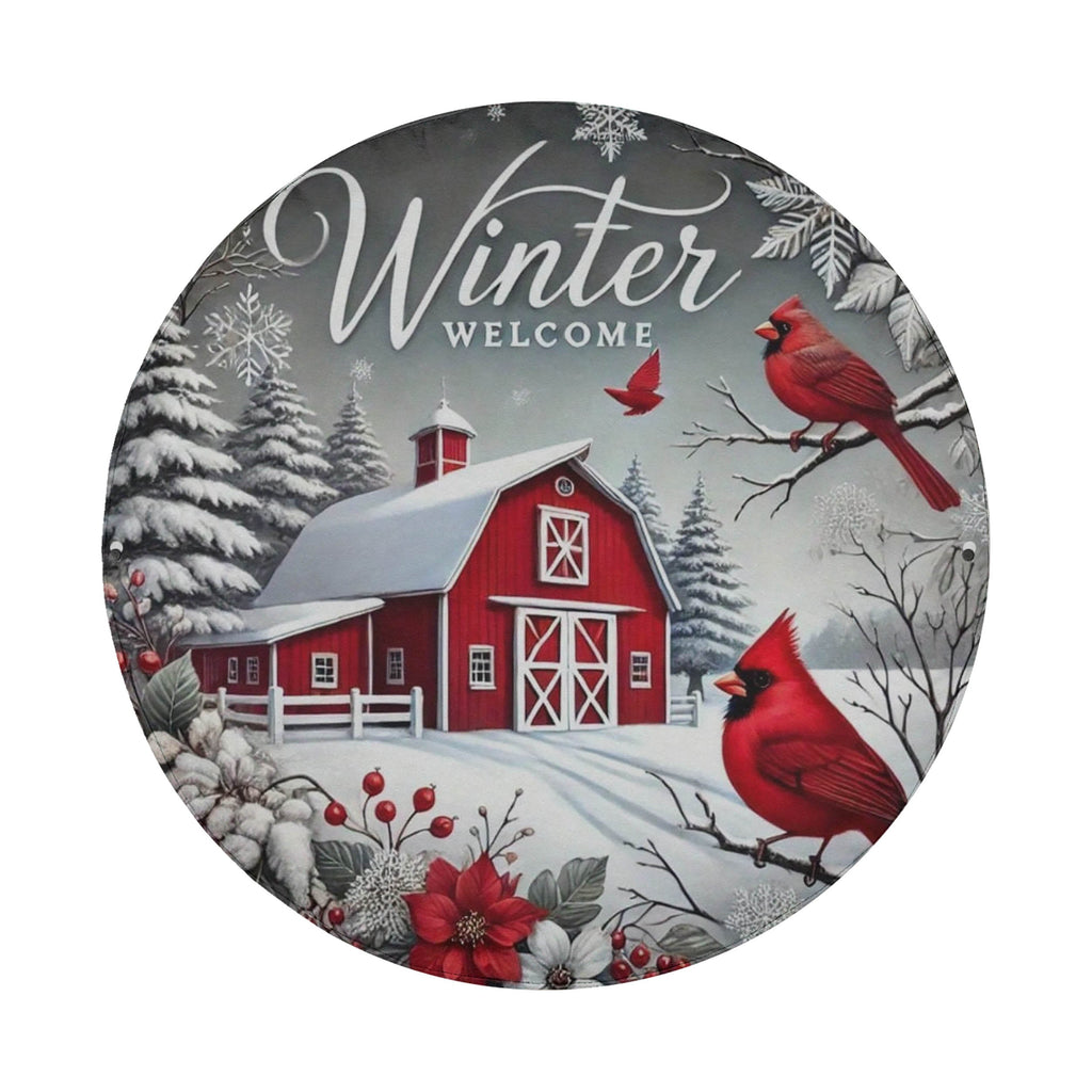 A red barn surrounded by snow and trees, with two red cardinals perched on branches nearby. The text "Winter Welcome" is displayed above the barn.