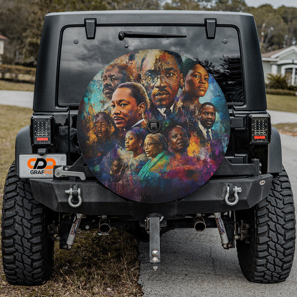 Black History leaders tribute spare tire cover featuring civil rights icons and portraits