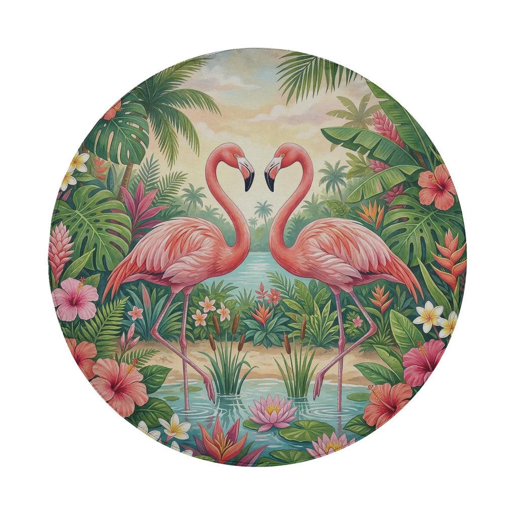 A pair of pink flamingos standing in a tropical garden, surrounded by lush foliage, flowers, and a body of water.