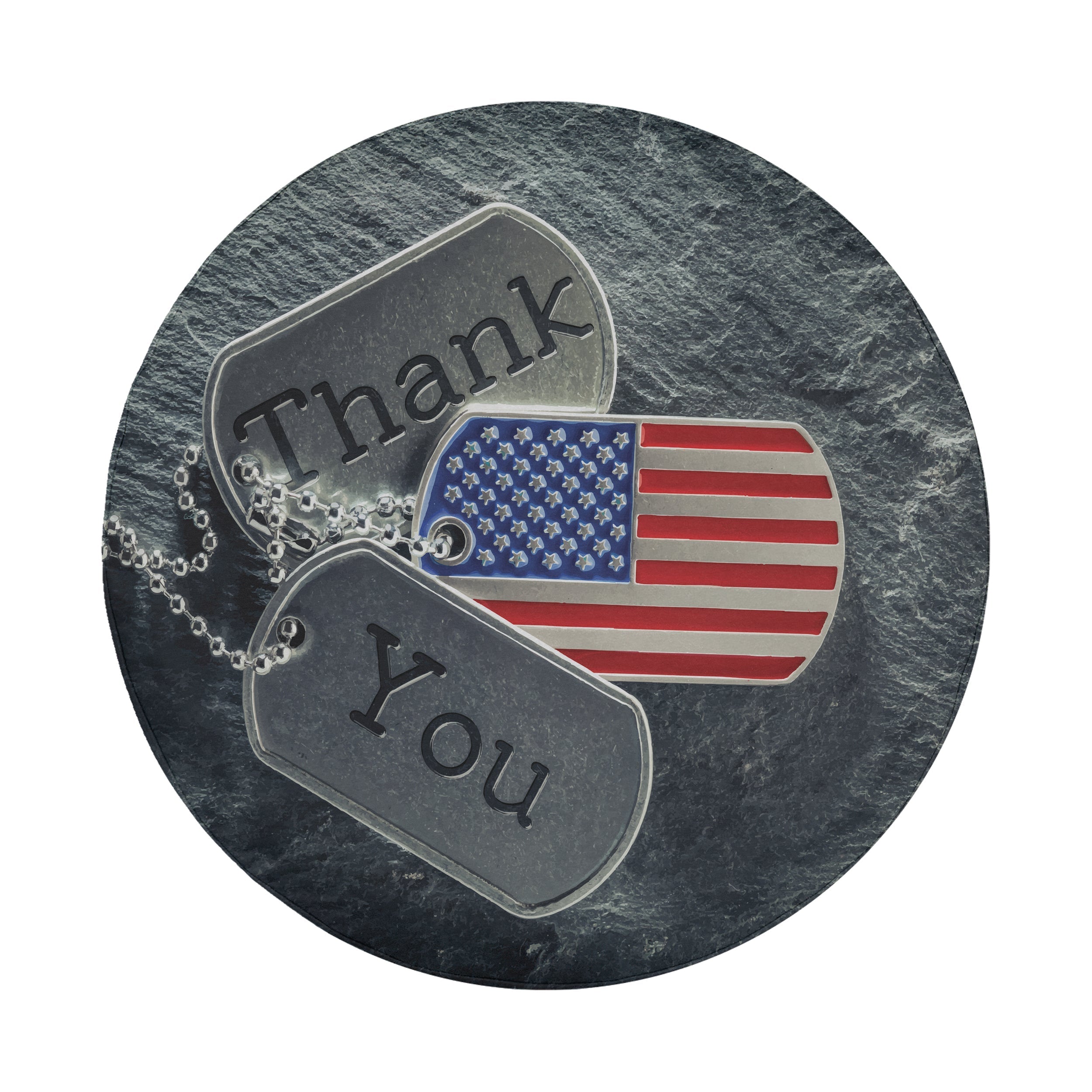 Veterans tribute spare tire cover detail showing patriotic dog tag chain with American flag and stone backdrop