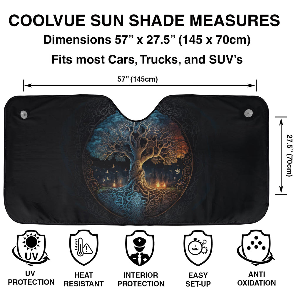 Norse Tree of Life windshield sunshade specs panel with 57 by 27.5 inch dimensions plus UV protection icons