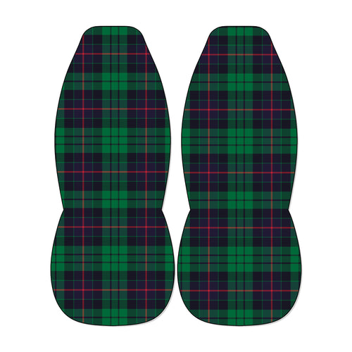 two identical car seat covers with a plaid pattern in shades of green and red.