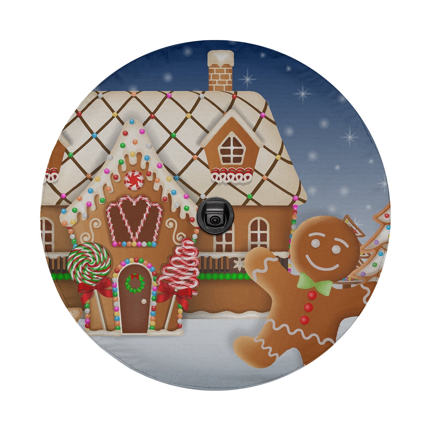 Gingerbread house holiday spare tire cover round design with center camera cutout for backup view