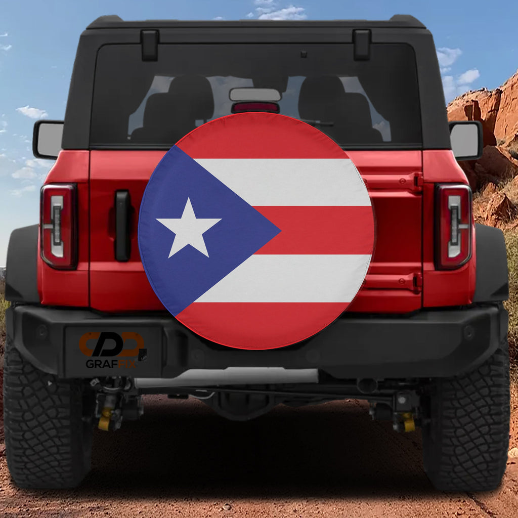 Puerto Rico Flag spare tire cover on red Ford Bronco rear with classic red white stripes and blue star