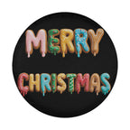 A circular black background with the words "MERRY CHRISTMAS" written in colorful, dripping letters made of donuts.