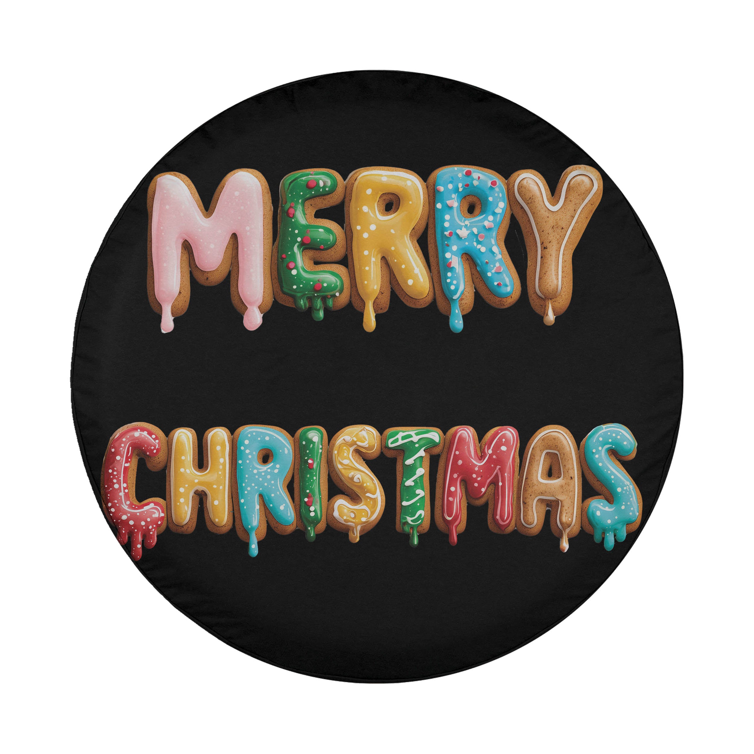 A circular black background with the words "MERRY CHRISTMAS" written in colorful, dripping letters made of donuts.