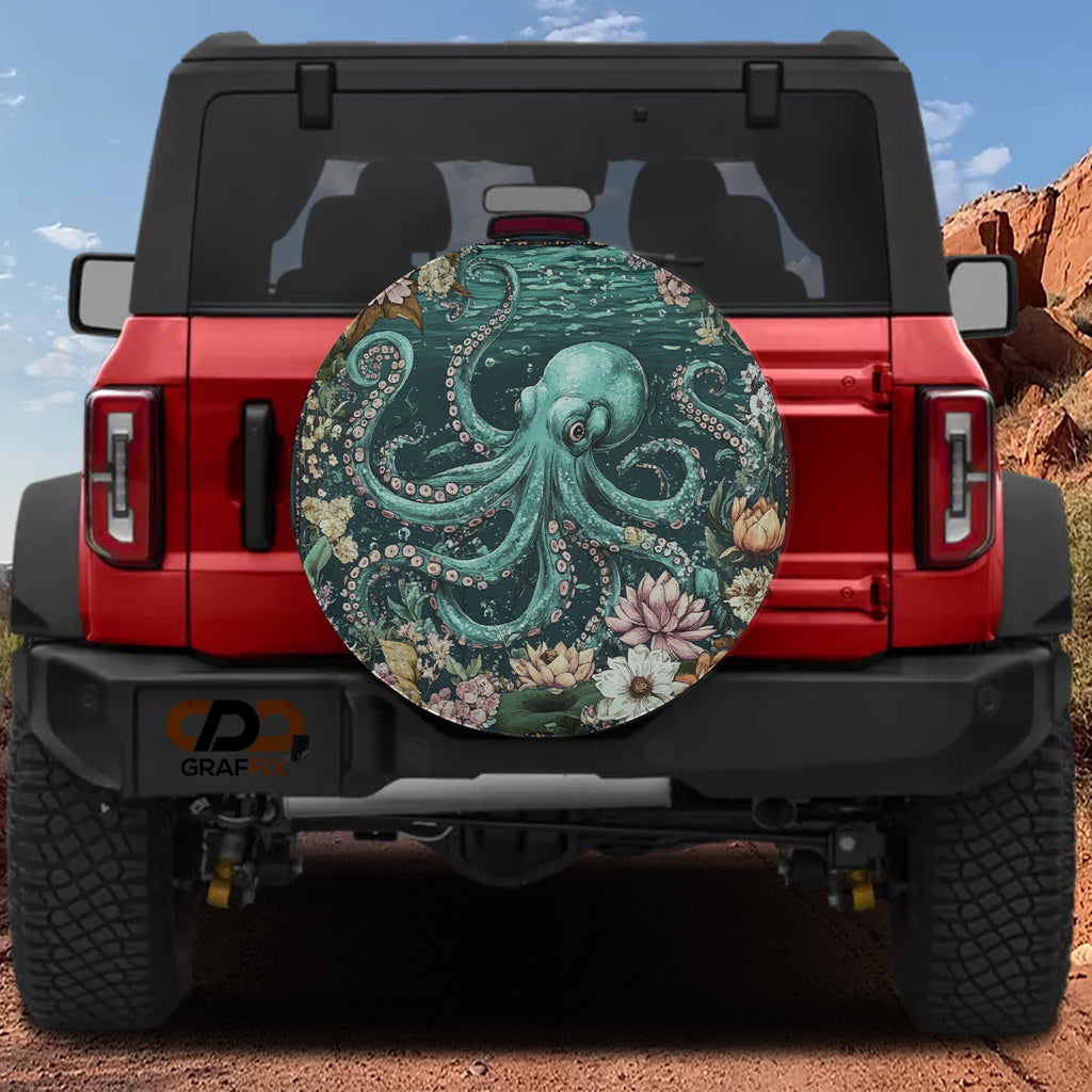 Enchanted octopus spare tire cover rear angle on red Jeep with backup camera cutout
