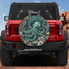 Enchanted octopus spare tire cover rear angle on red Jeep with backup camera cutout