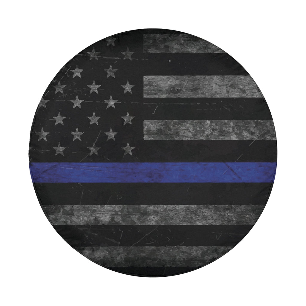 Thin blue line subdued American flag spare tire cover with gray stars stripes and bold blue line accent