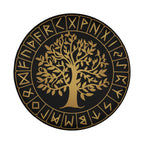 Golden Yggdrasil rune wheel spare tire cover front detail with gold tree on black canvas