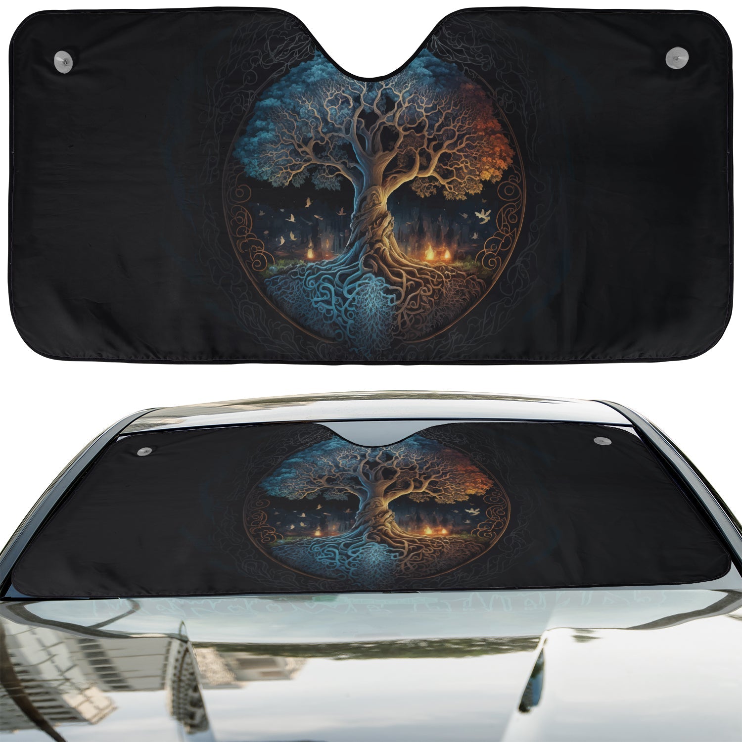 Norse Tree of Life accordion sunshade installed in a sedan windshield on a sunny urban city street view