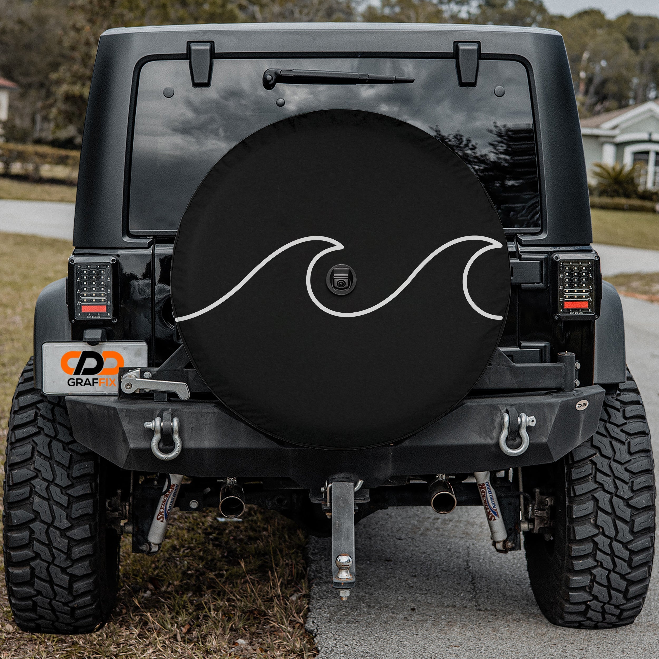 Continuous line waves spare tire cover with flowing minimalist ocean wave line art design