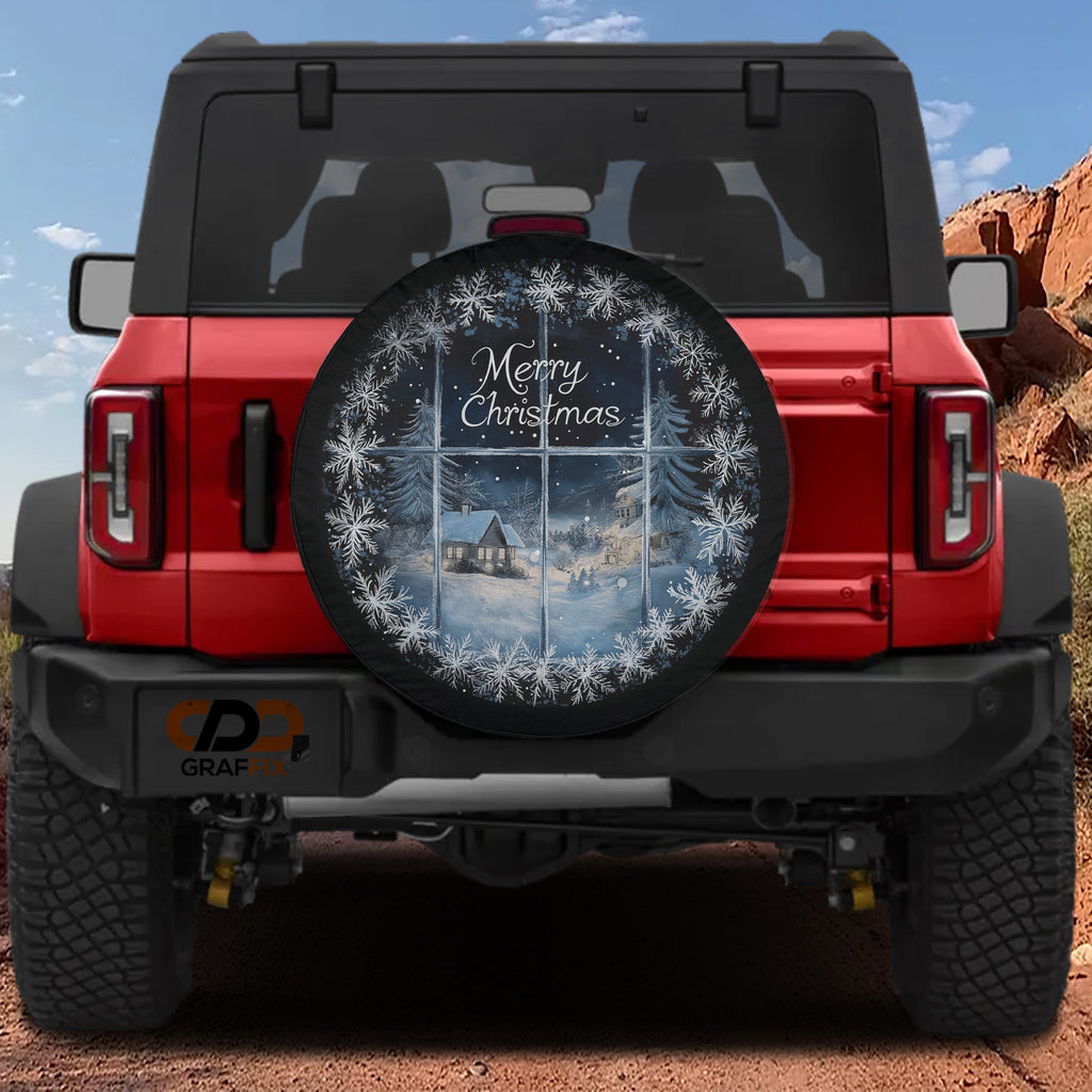 Red Ford Bronco rear with Merry Christmas window snow scene cabin spare tire cover snowflake frame