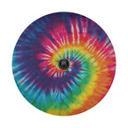 Tie-dye rainbow spiral spare tire cover standalone flat view with center backup camera cutout hole