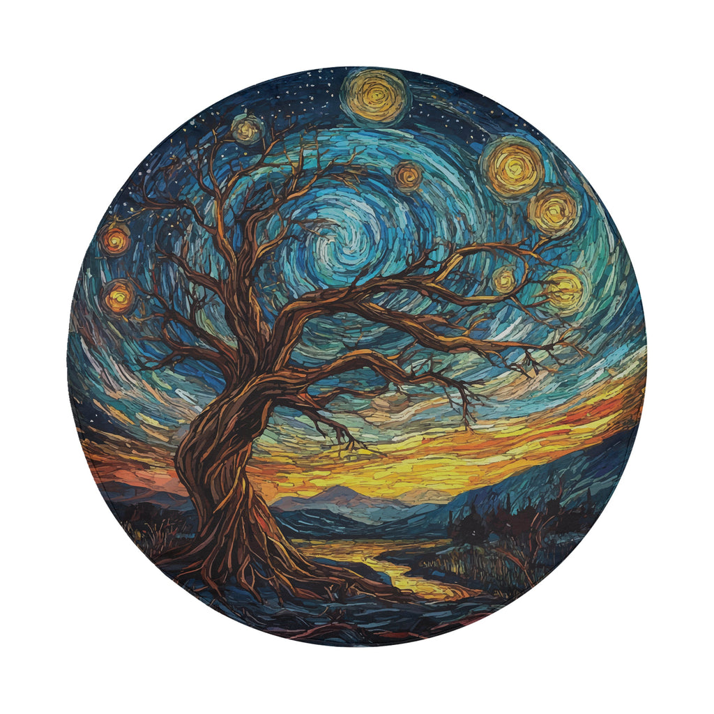 Abstract Sunset Skyline spare tire cover circular front shot featuring vibrant abstract sunset over city horizon
