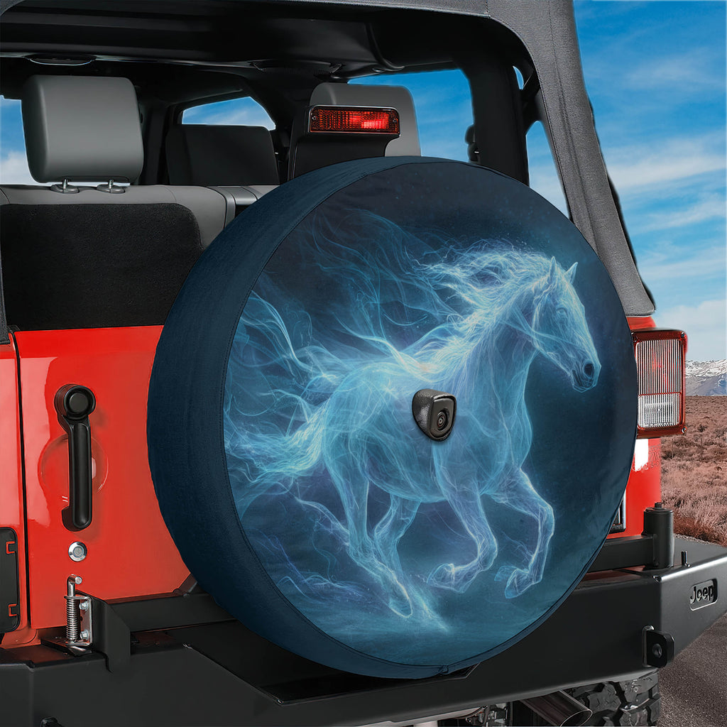 A red Jeep with a large black tire cover featuring a ghostly image of a horse running.