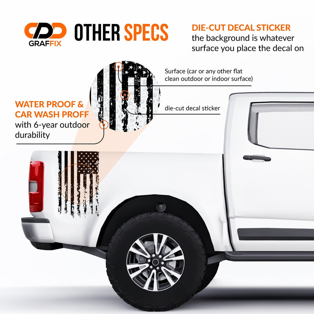 The image is a promotional graphic for Grafffix, a company that provides custom decals and stickers for vehicles. The image features a white truck with a black and white striped decal on its side, highlighting the company's ability to create various designs and patterns on vehicles.