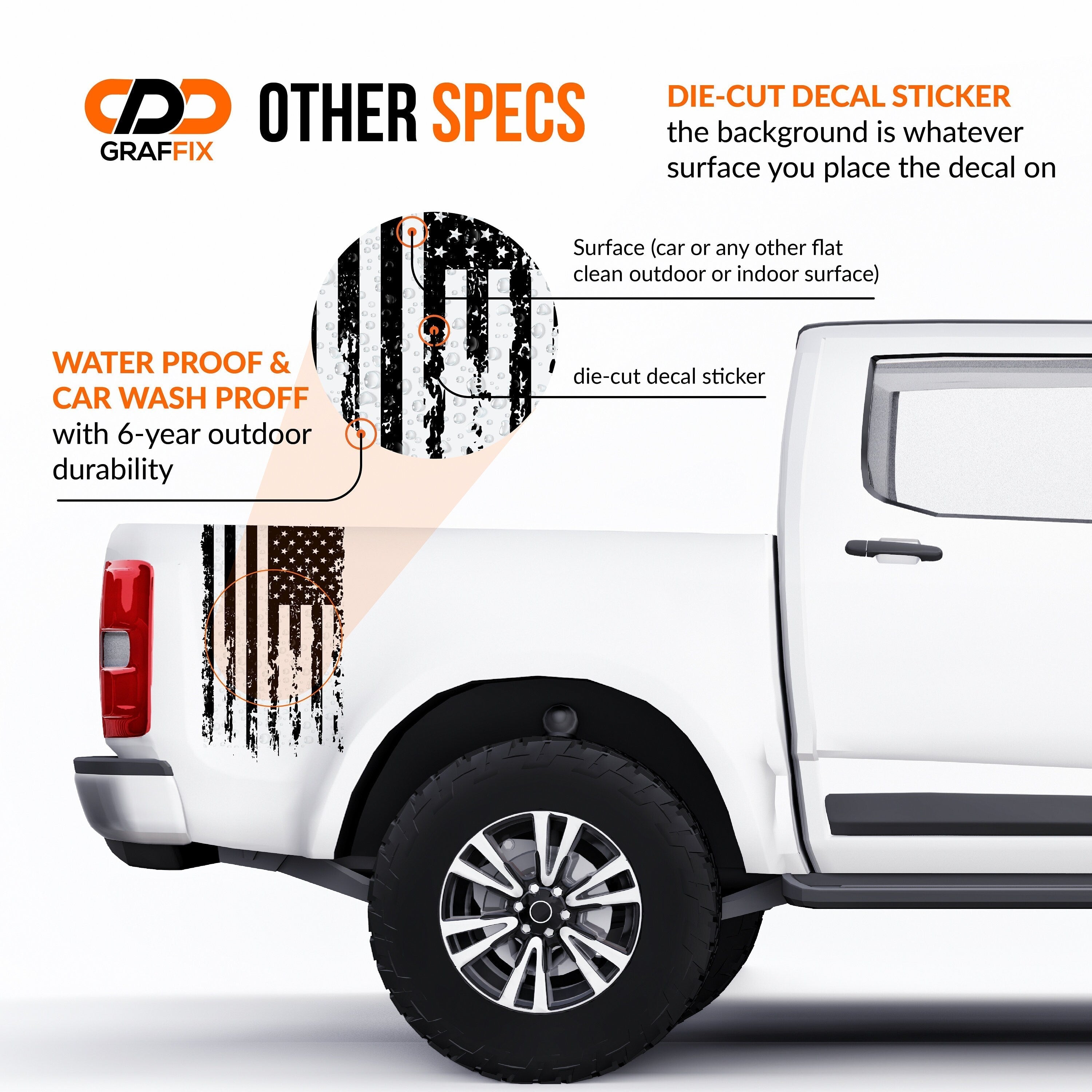 The image is a promotional graphic for Grafffix, a company that provides custom decals and stickers for vehicles. The image features a white truck with a black and white striped decal on its side, highlighting the company's ability to create various designs and patterns on vehicles.