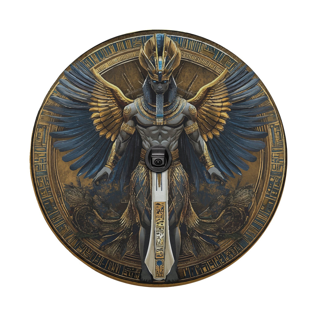 Detail of Egyptian pharaoh spare tire cover featuring blue and gold winged figure framed by hieroglyph circle
