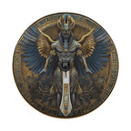 Detail of Egyptian pharaoh spare tire cover featuring blue and gold winged figure framed by hieroglyph circle