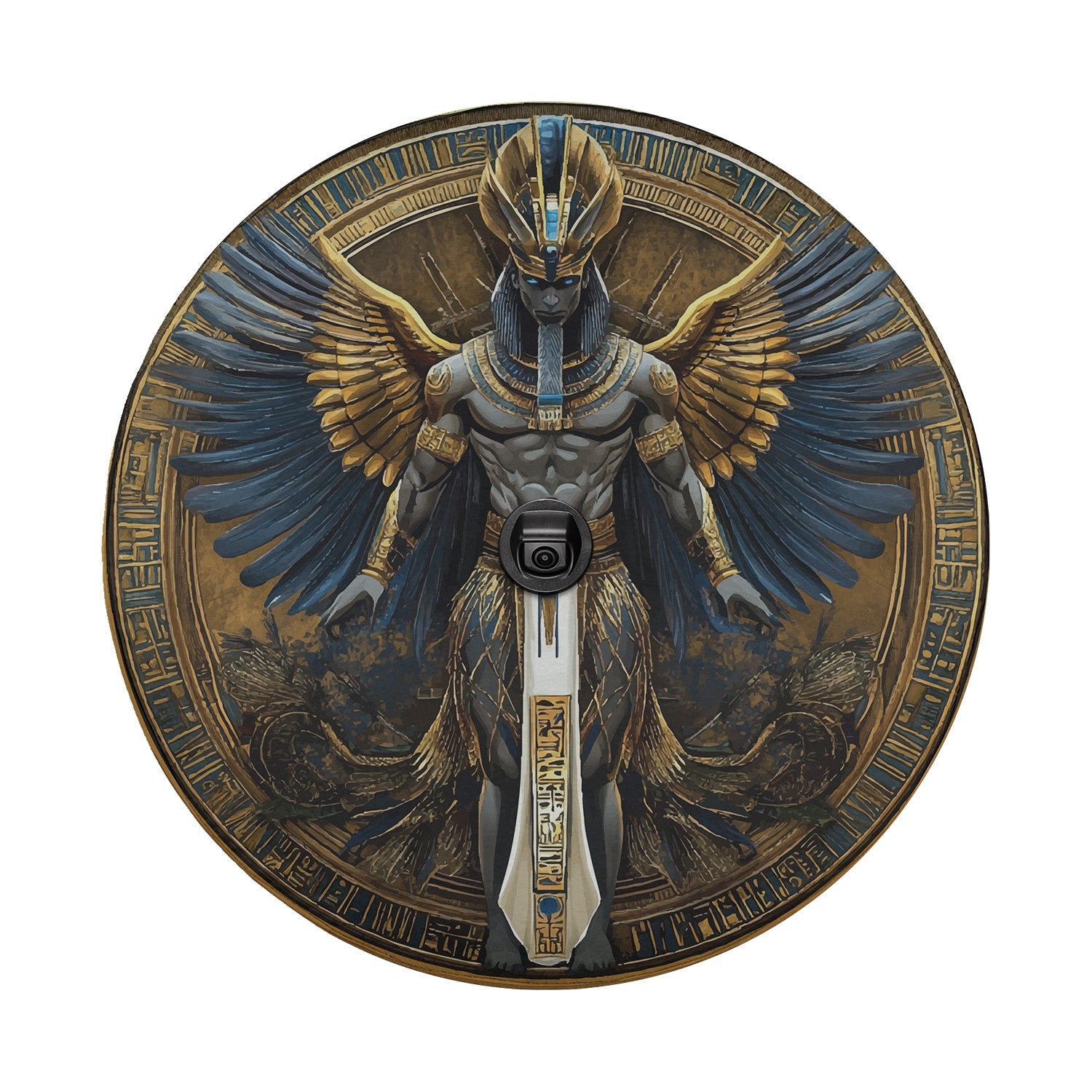 Detail of Egyptian pharaoh spare tire cover featuring blue and gold winged figure framed by hieroglyph circle