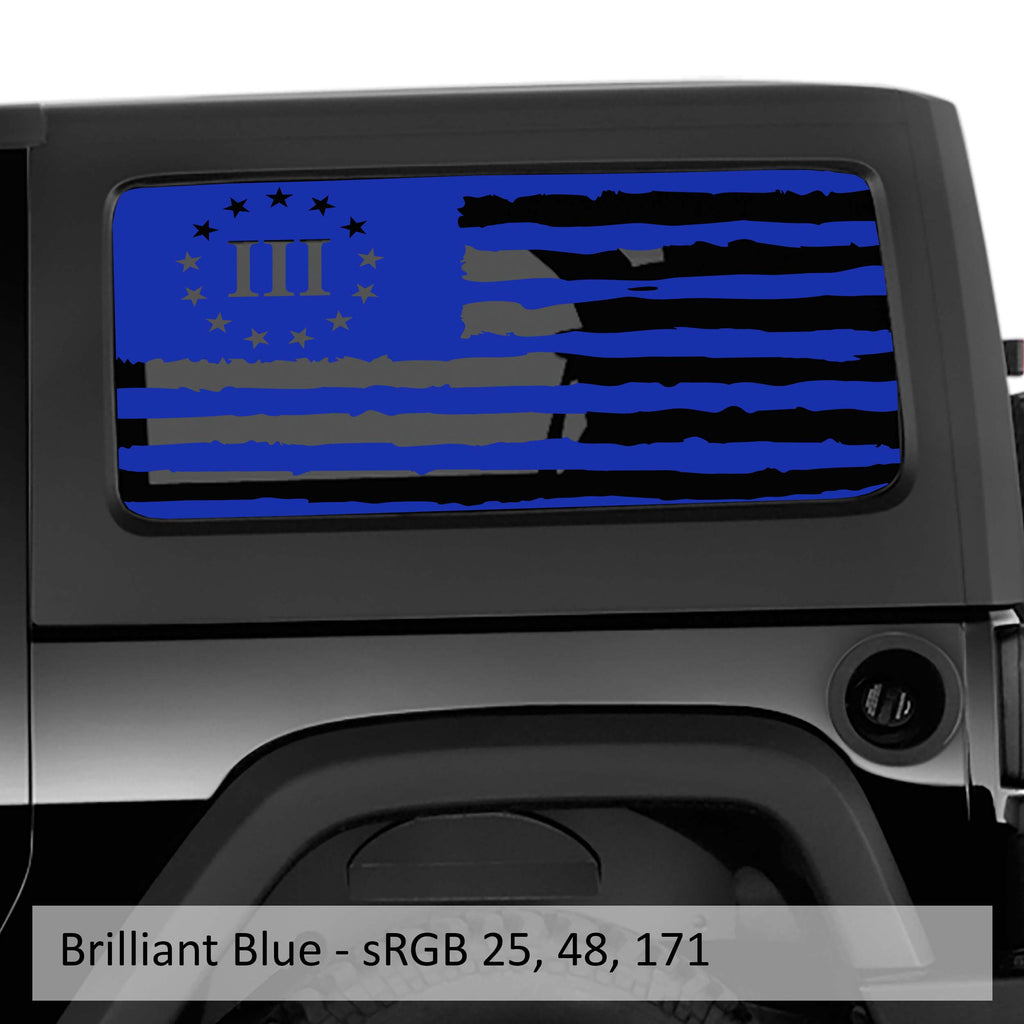 Brown blue 3 percent tattered flag hardtop window decal set on Jeep Wrangler JK JL 2-door