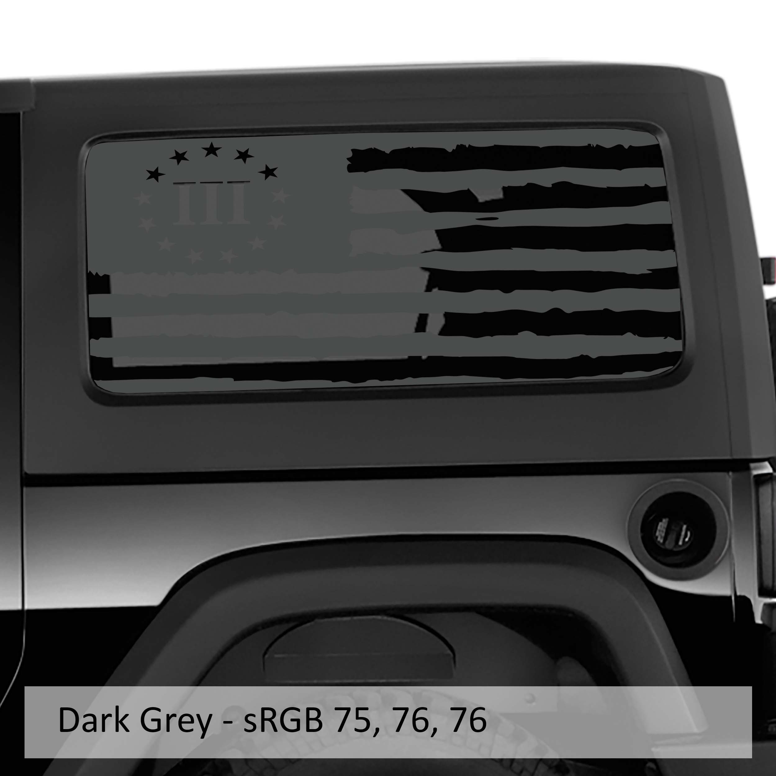 Dark grey 3 percent tattered flag hardtop window decal set installed on Jeep Wrangler JK JL