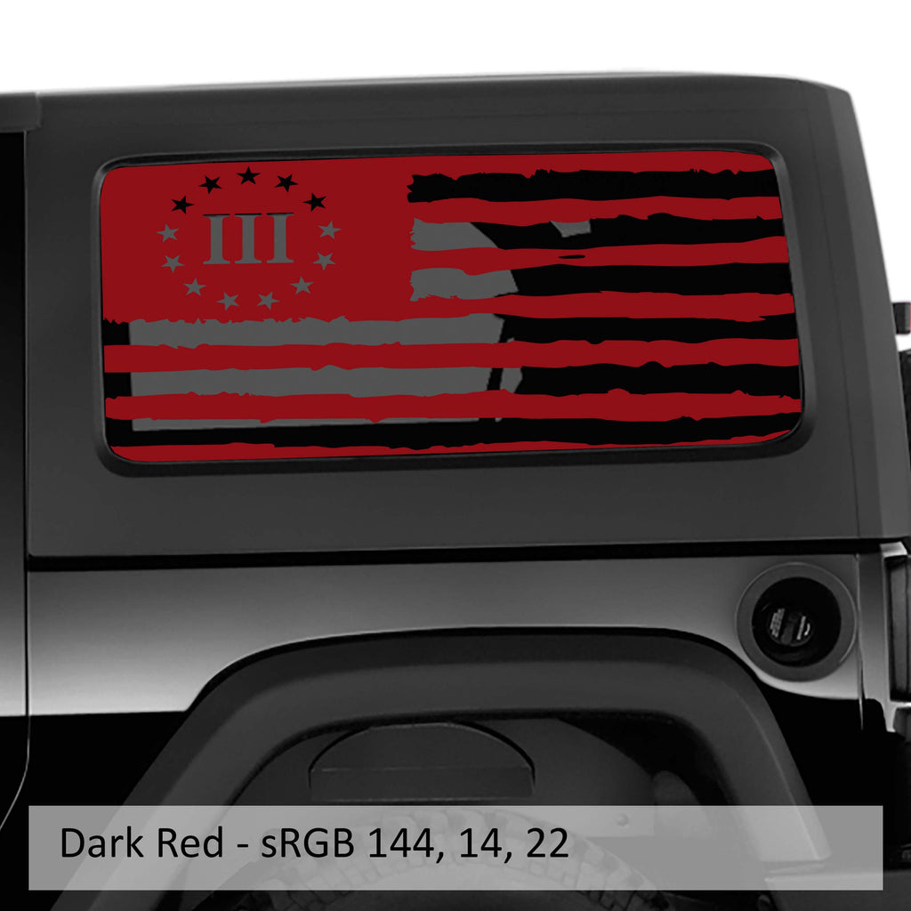 Dark red 3 percent tattered American flag hardtop window decal set on Jeep Wrangler JK JL