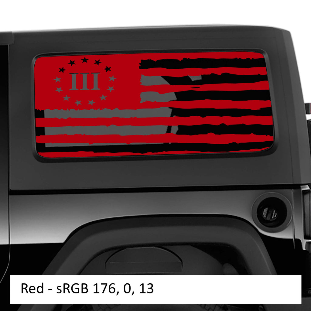 Red 3 percent tattered American flag hardtop window decal set installed on Jeep Wrangler JK JL