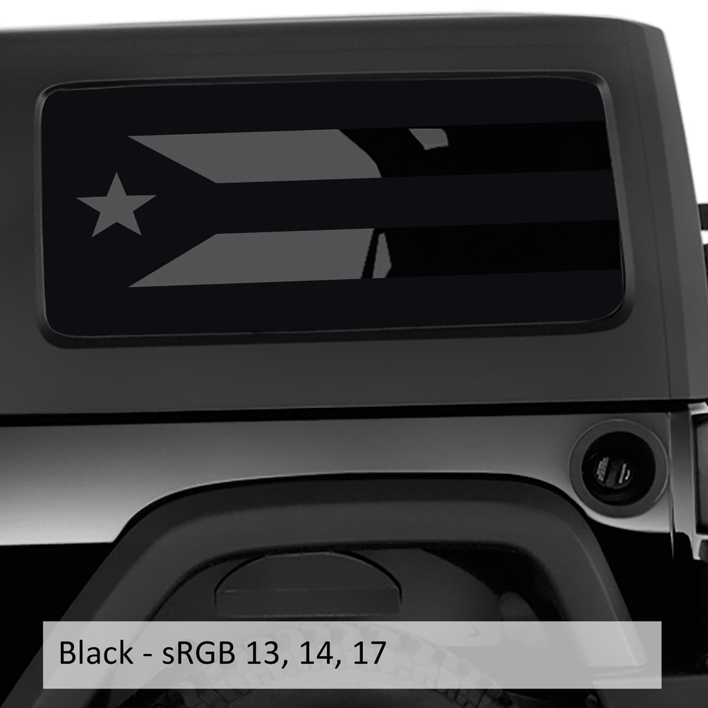 Black Puerto Rico flag hardtop window vinyl decal installed on 2-door Jeep Wrangler JK side window