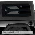 Black Puerto Rico flag hardtop window vinyl decal installed on 2-door Jeep Wrangler JK side window