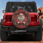 a red Jeep Wrangler with a large, decorative plate on the rear window.