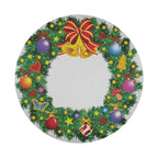 Christmas wreath spare tire cover artwork featuring green pine bells red bow and hanging ornaments