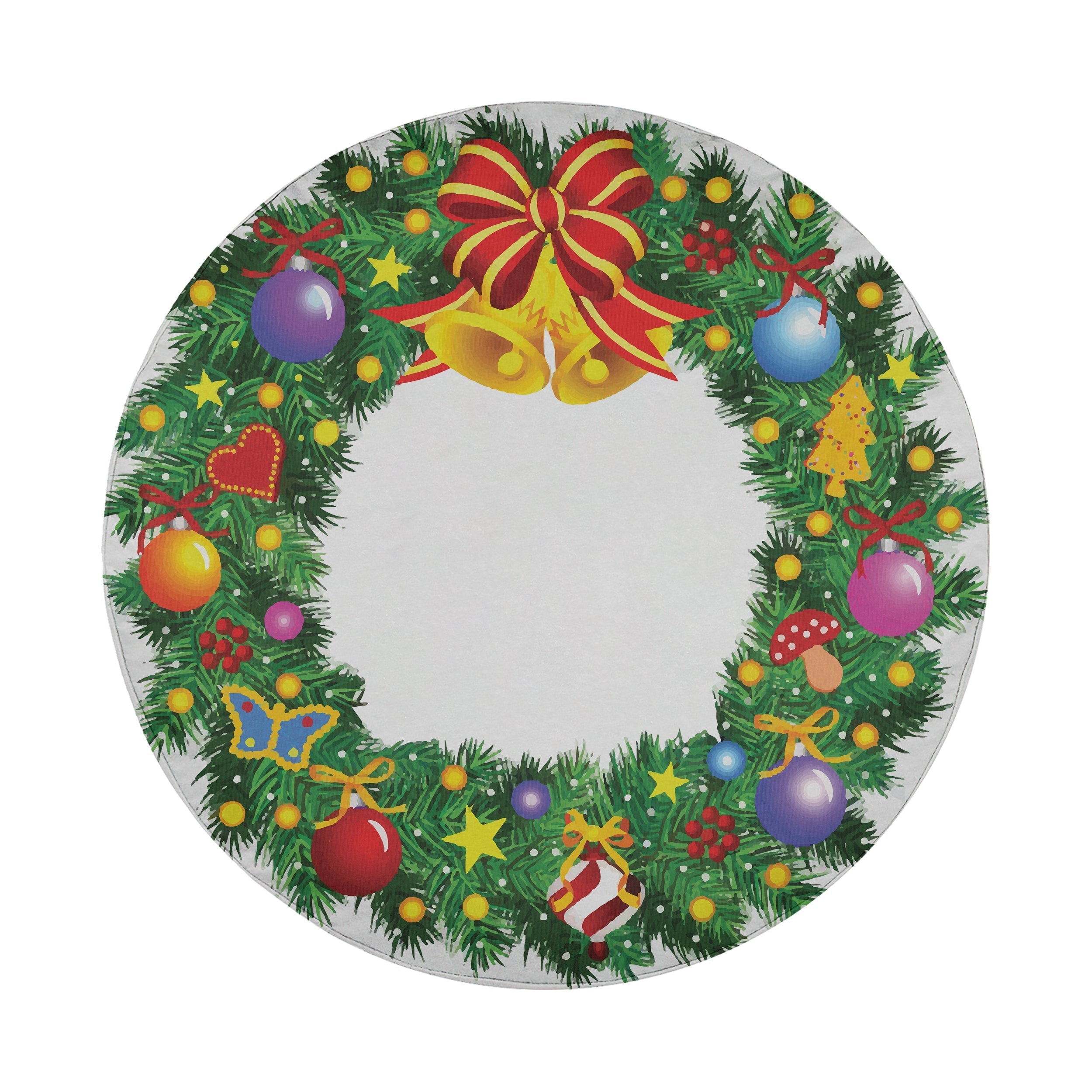 Christmas wreath spare tire cover artwork featuring green pine bells red bow and hanging ornaments