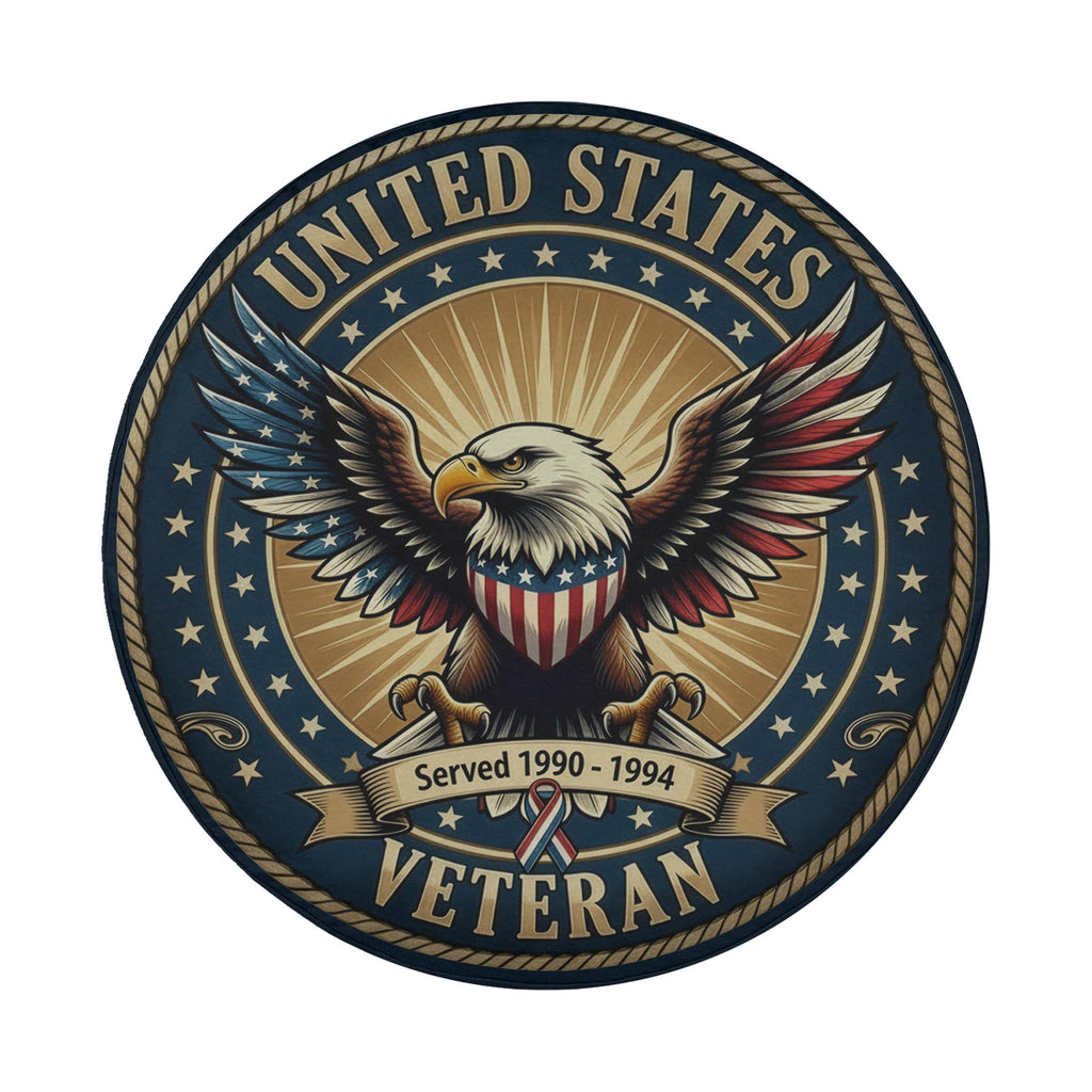 a circular emblem with a bald eagle, a symbol of the United States, and the text "United States Veteran" prominently displayed.
