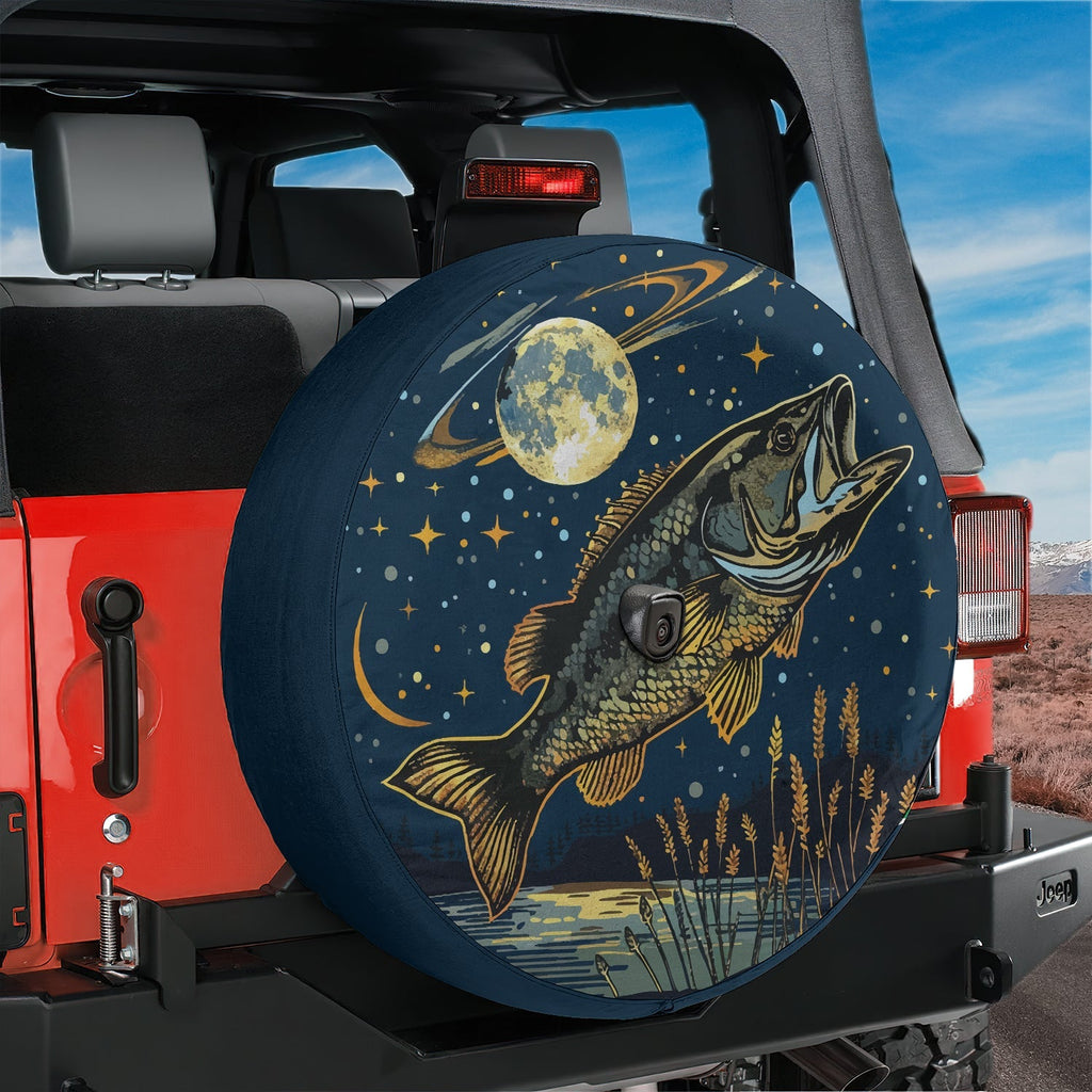 Bass moonlight spare tire cover on red Jeep Wrangler featuring golden leaping fish and crescent moon